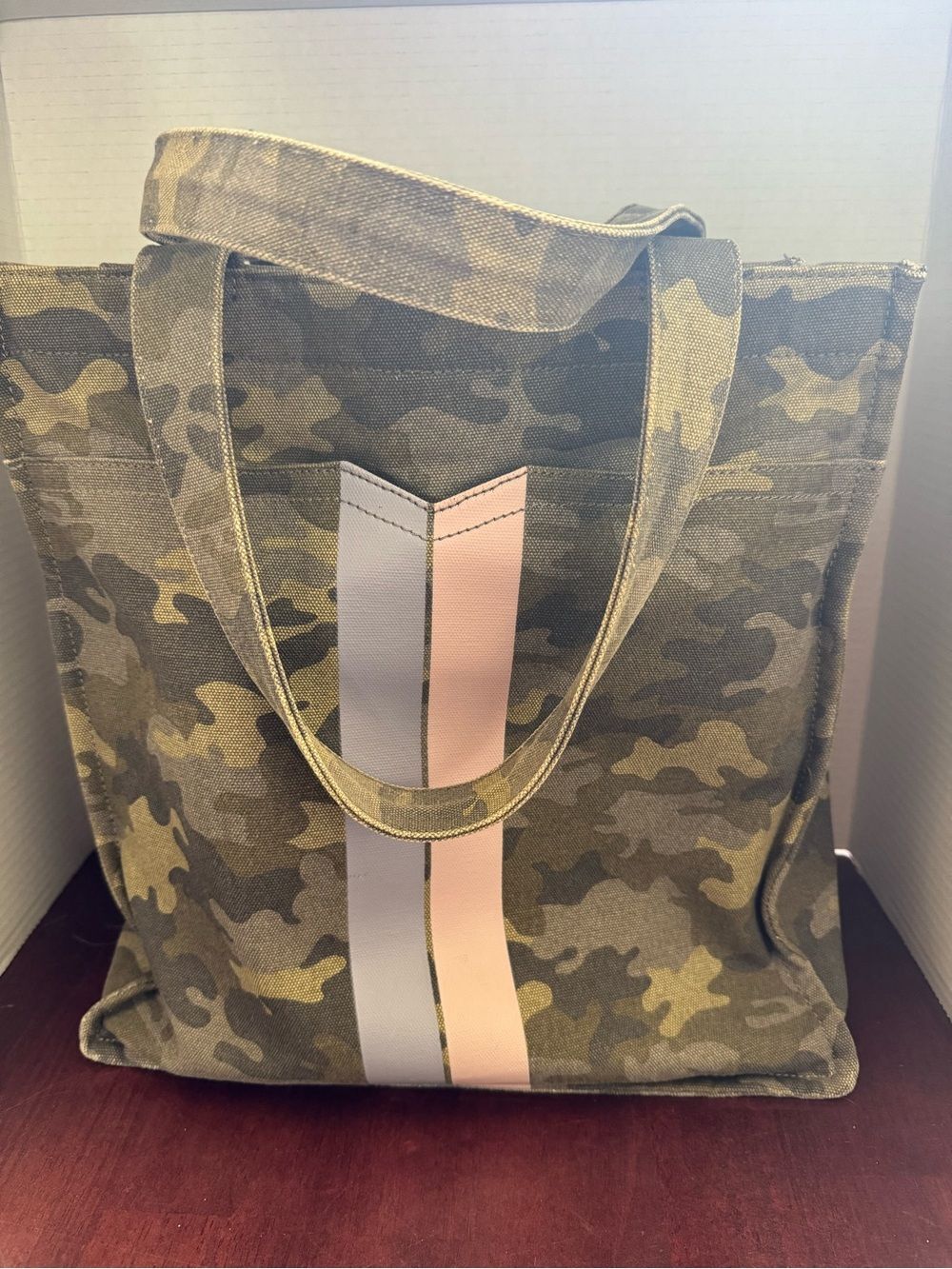 Stella & Dot Camo Canvas Tote with Pink & Light Lilac Stripe